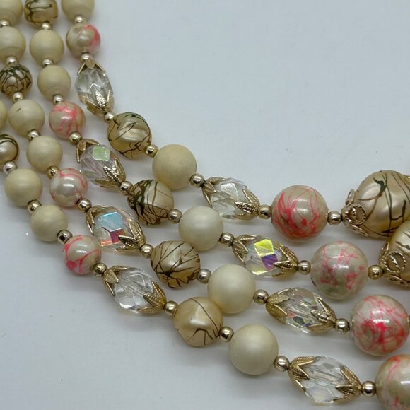 Vintage 4-Strand Japan Necklace Pink Swirled Beads Glass Acrylic Gold-Tone 1950s - Picture 11 of 16